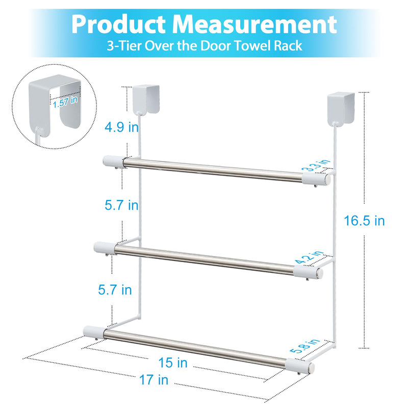 Over The Door Towel Racks for Bathroom, No-Drill Behind Door Organizer, 3-Tier Metal Towel Holder, Glass Shower Room Door Hanger Towel Bar for Hanging, Drying, Renter Friendly Space Saver, Anti-Rust