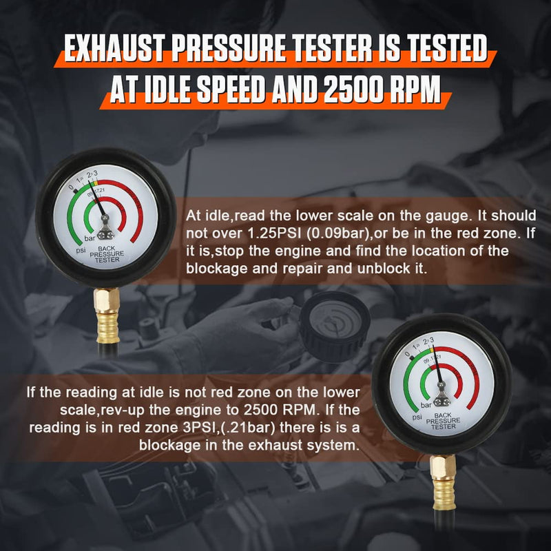 DUOYI Exhaust Back Pressure Tester Kit with 6-Foot Hose,Professional Diagnosis Automotive Exhaust Back Pressure Gauge Kit Shockproof 2.5" HD Gauge,with M12 & M18 Adapter Black