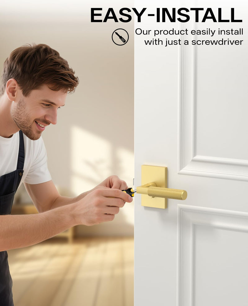 Amerdeco 1 Pack Brushed Gold Privacy Door Handles, Brush Brass Door Handles Interior,Knurled Gold Door Lever, Heavy Duty Bedroom and Bathroom with Lock,Reversible Keyless for Right & Left Side AM0032