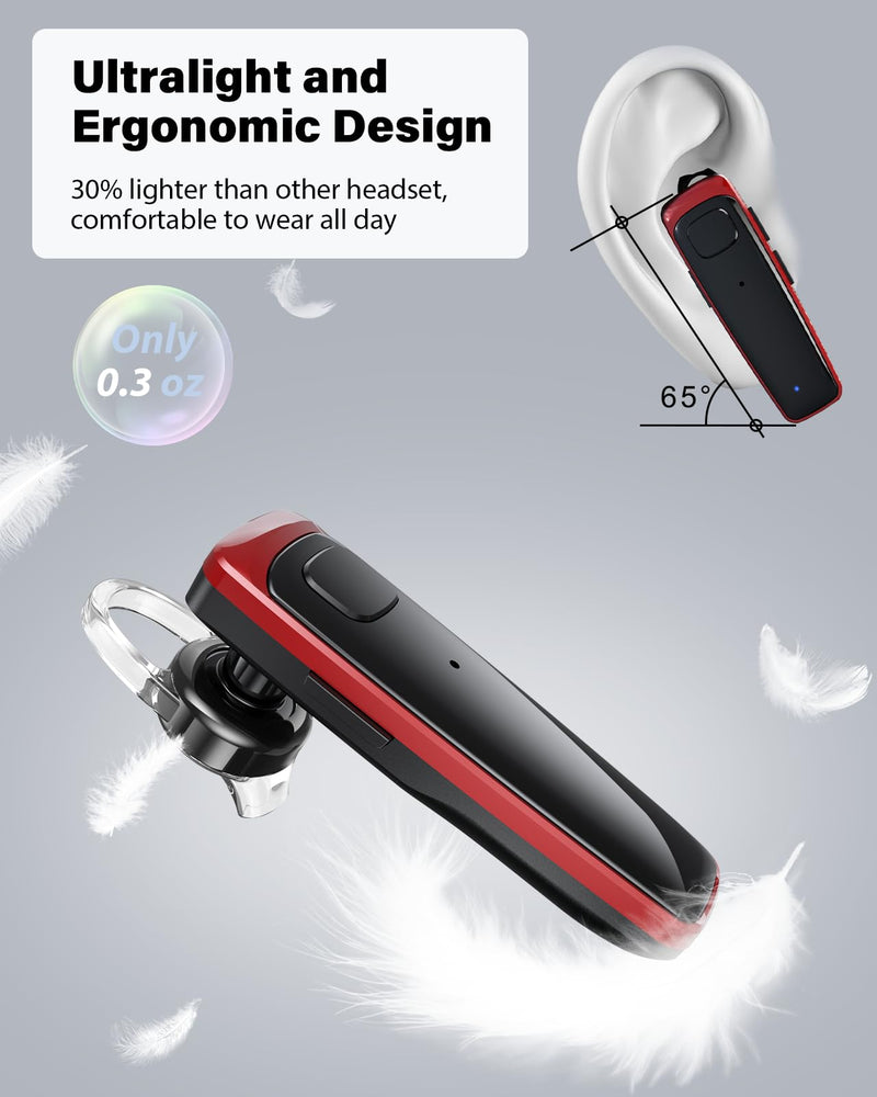 Bluetooth Headset,V5.3 Bluetooth Earpiece Wireless Handsfree Driving Headsets with Noise Canceling Mic,16Hrs Play Time Business Eabuds for iPhone Samsung Android Cell Phone Tablets Office(Red)