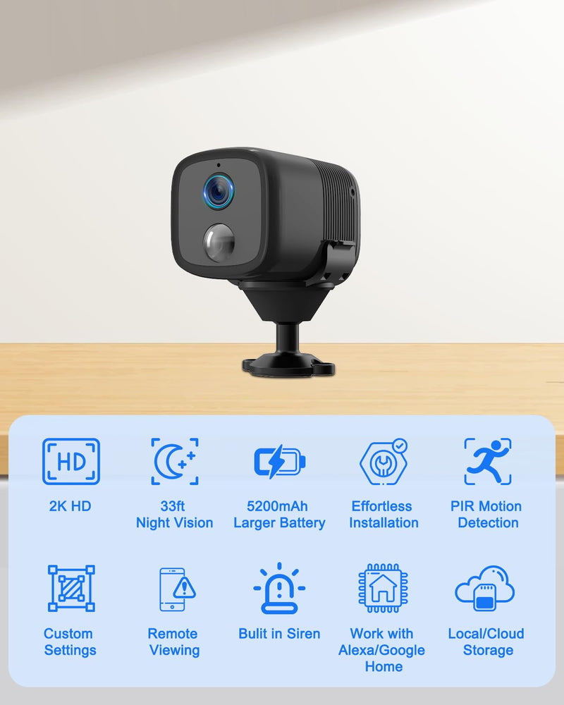 2K Spy Camera Wireless with 5200mAh Larger Battery, Mini Spy Security Camera for Home Security, HD Portable Small Camera WiFi, 160° Wide View, Smart Motion Detection, 33ft Night Vision 1 Pack