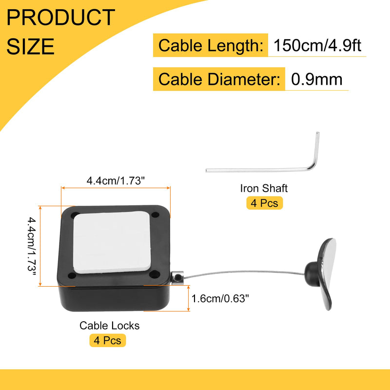 MECCANIXITY 4.9 ft Retractable Cable Lock with Adhesive Arc Patch Remote Control Security Lock with Adjustable Cord Tether Anti Theft for Laptop, TV, 600g, Black, 4 Pack 4.9ft