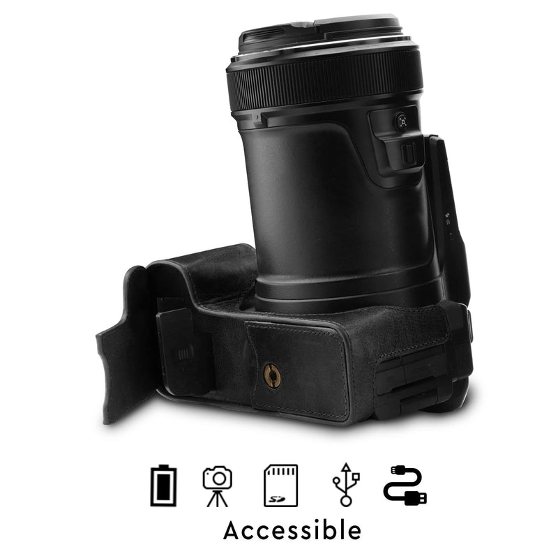 MegaGear Leather Camera Half Case & Strap Compatible with Nikon COOLPIX P1000, Ever Ready - Black