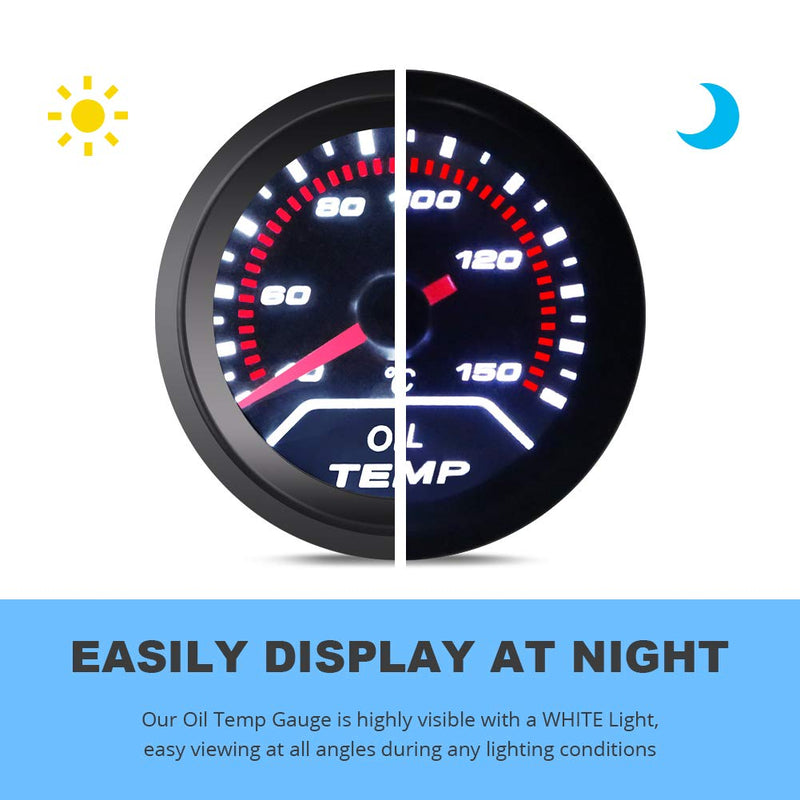 WATERWICH Oil Temperature Gauge Kit with Electronic Sensor-Black Dial 40-150 Celsius 2" 52mm DC 12V Oil Temp Gauge Meter for Car Truck Vehicle Automotive Marine