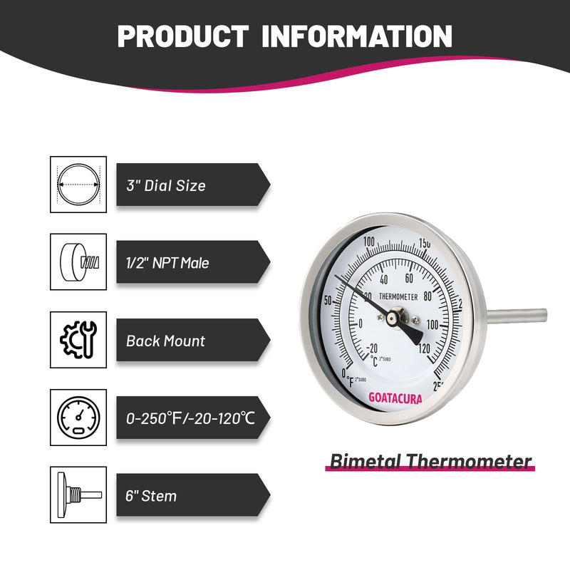 Bimetal Thermometer, Full Stainless Steel, 3" Dial Size, 6" Stem, 1/2" NPT Back Mount, 0-250 Deg F/-20-120 Deg C, 1% Accuracy L=6"