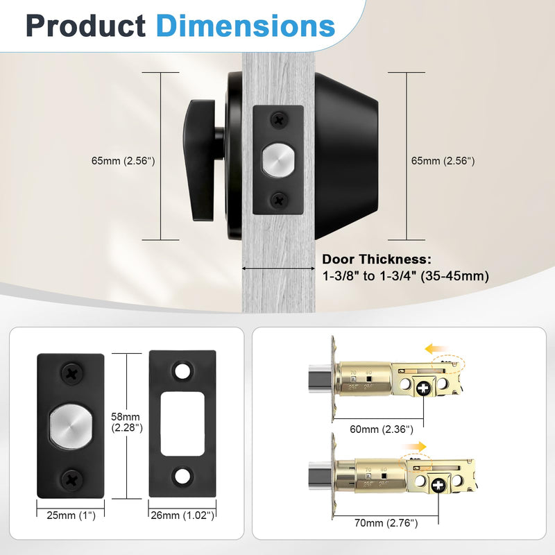 3 Pack Single Cylinder Deadbolts Flat Black, Keyed One Side Deadbolt Lock, Matte Black Interior & Exterior Door Hardware (for Entrance Lock and Front Gate) 3