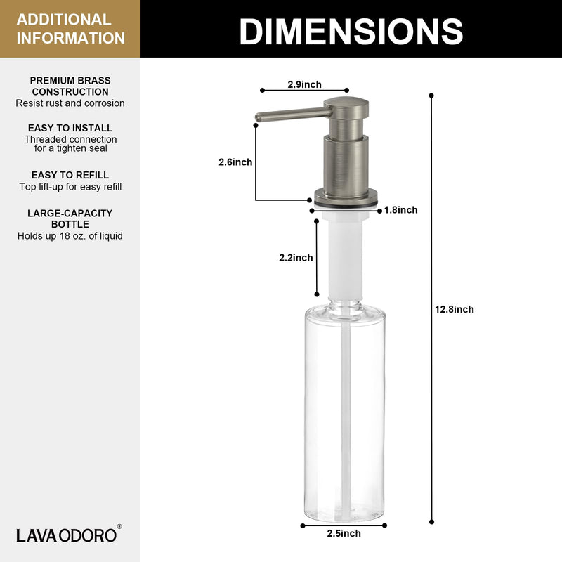 Lava Odoro Soap Dispenser for Kitchen Sink, Modern Brass Built in Countertop Pump Dispenser with 18 Oz Refillable Bottle, Kitchen Soap and Lotion Dispenser Spot-Free, Brushed Nickel, KSD-21