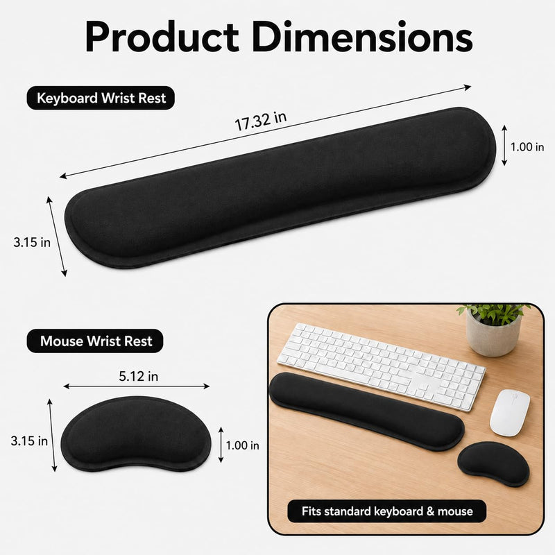 2 Piece Wrist Rest Set, Enlarge Silky Superfine Fabric Gel Keyboard Mouse Pad for Typing Pain Relief, Ergonomic Soft Memory Foam Hand Rests for Office Gaming Computer Laptop Workstation, Black