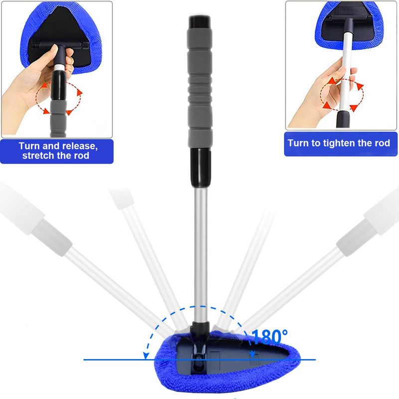 desin Windshield Cleaning Tool, Car Window Cleaner Windshield Cleaner with 4 Reusable and Washable Microfiber Pads and Extendable Handle Auto Inside Glass Wiper Kit Blue