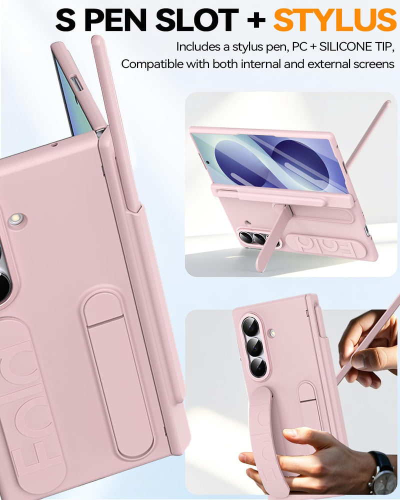 Finger Strap for Samsung Galaxy Z Fold 8 Ultra Case with S Pen Holder & Stylus, [Two Magnetic Hinge Cover] All-Round Screen Protector Kickstand Slim Hand Grip Cover Case for Fold 8 Ultra Pink