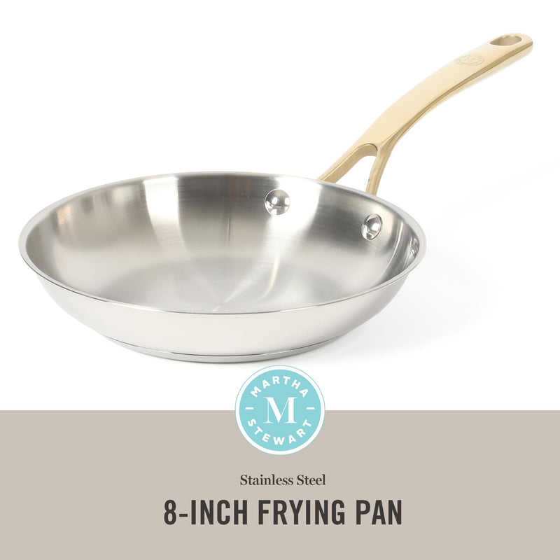 Martha Stewart Castelle 8-Inch Stainless Steel Frying Pan with Gold-Tone Handle – Tri-Ply Encapsulated Bottom, Oven Safe & Induction Safe Skillet for Searing and Sautéing Stainless Steel W/ Gold Handle 8" Frying Pan