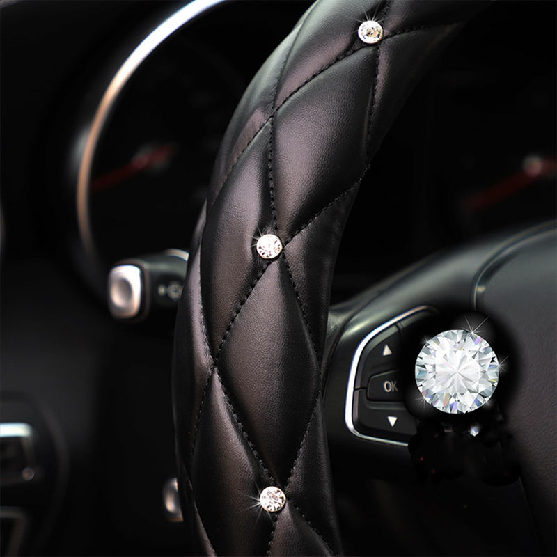 YOGURTCK Diamond Soft Leather Anti-Slip Steering Wheel Cover with Bling Bling Crystal Rhinestones, Universal 15 Inch for Women Girls, Fit Vehicles, Sedans, SUVs, Vans, Trucks - Black A-Black