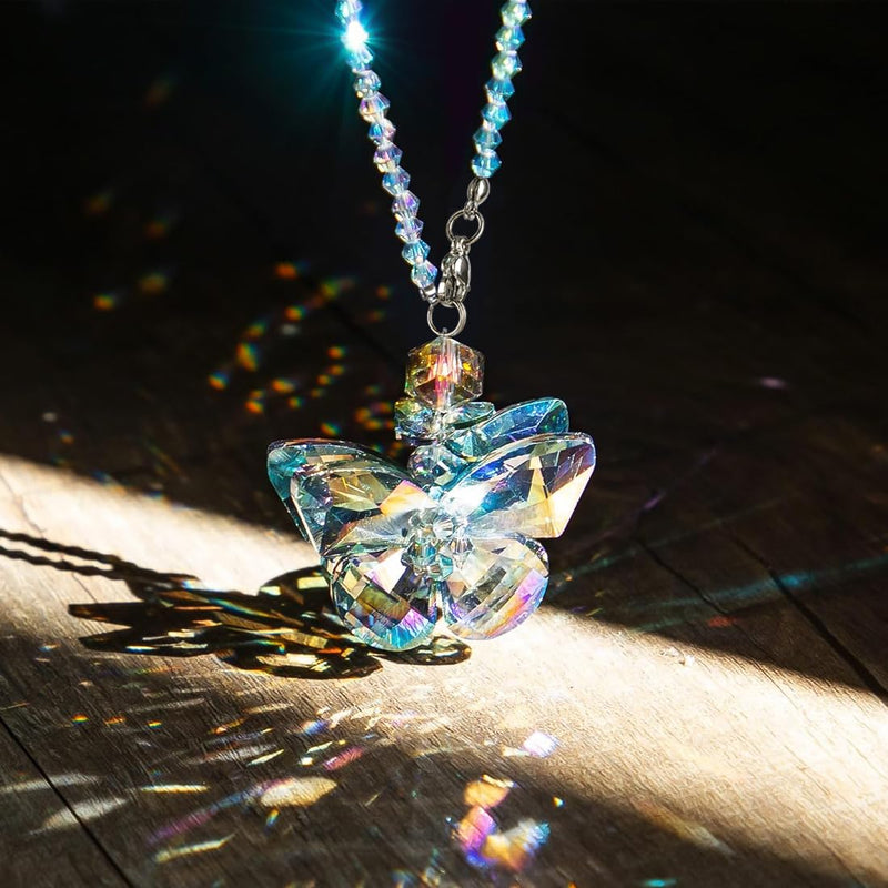 H&D HYALINE & DORA Crystal Glass Butterfly Car Key Charm Mirror Hanging Ornaments Gift (Butterfly-1) Rainbow Butterfly
