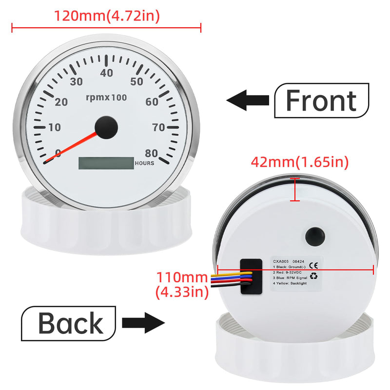 ARTILAURA 110mm 4-3/8" Tachometer 8000 RPM Boat RPM Gauge 7 Color Marine Large Tachometer for Car AUTO Truck 9-32V (White) White 8000RPM 110mm