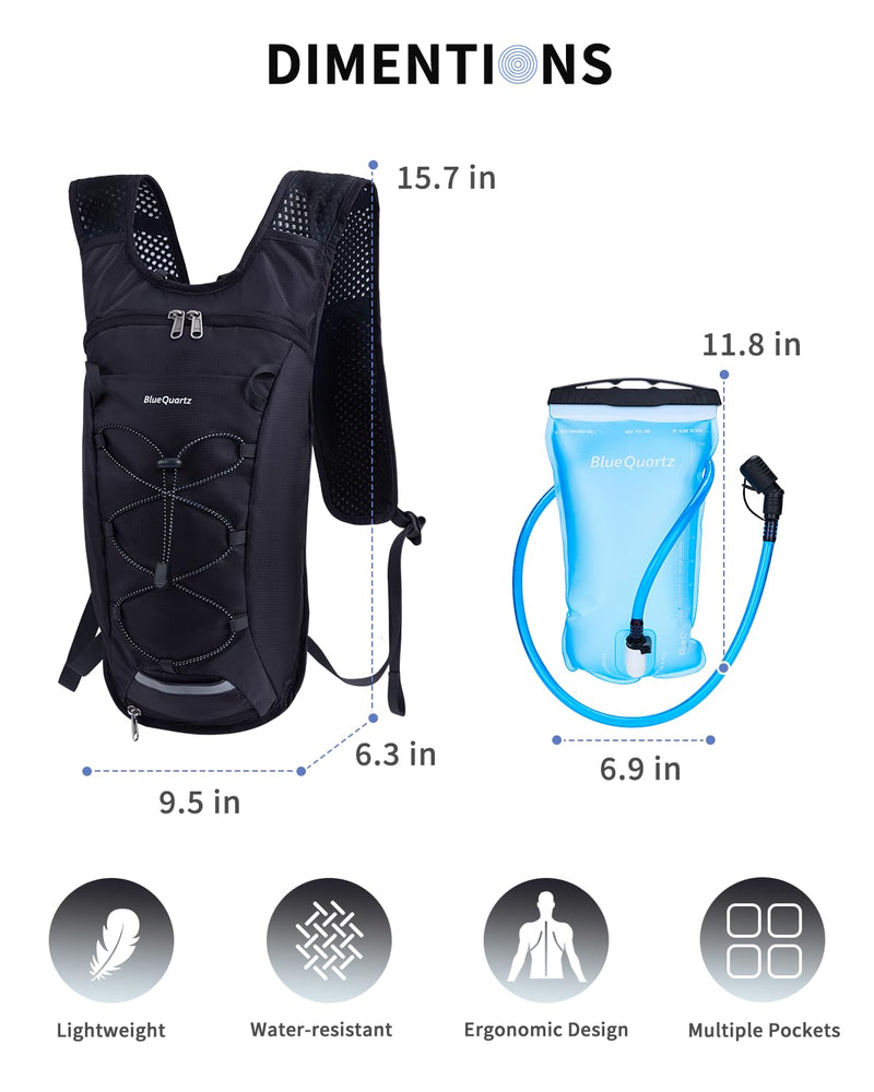 Blue Quartz Hydration Backpack with 2L Water Bladder, Hiking Water Backpack for Women Men, Lightweight Cycling Daypack with Phone Pocket & Helmet Net Bag, Hydration Pack for Biking, Running, Skiing Black Medium