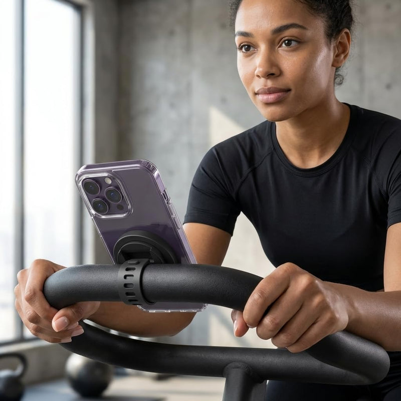 ENCASED Fitness Bike Magnetic Phone Holder, Strap Bar Mount for MagSafe | Strong Grip Magnets, Ultra-Secure Rubber Strap for Treadmills, Peloton Handlebars, Bicycles, Strollers and Gym Equipment