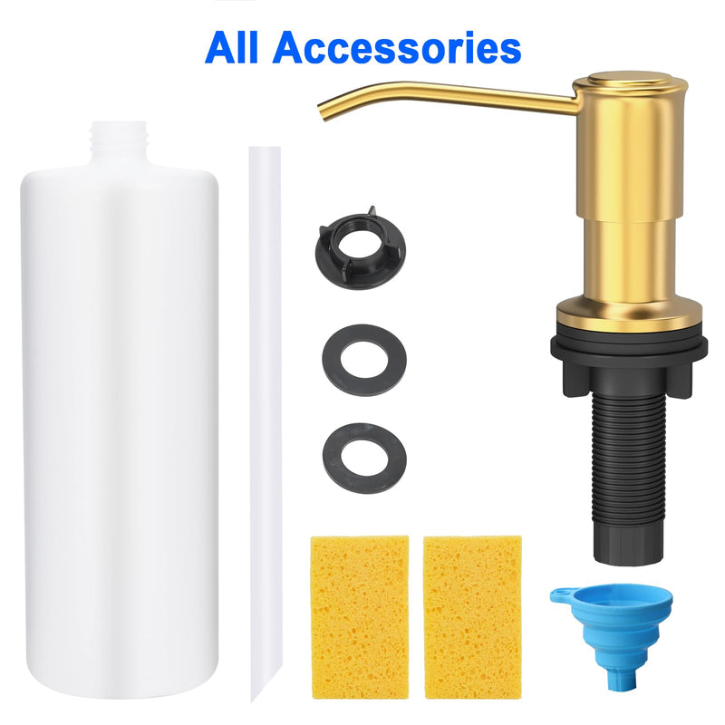 Soap Dispenser for Kitchen Sink, Kitchen Sink Soap Dispenser Pump, Refill from The Top, Sink Soap Dispenser with 17OZ Large Liquid Bottle, Gold (2 Scrub Sponges) Golden