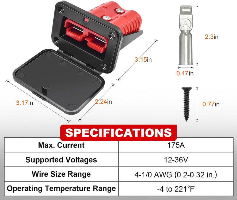 GZSH Anderson Plug 2PCS 175A Quick Connect Wire Connectors with Mount and Cap 4-1/0 AWG Battery Quick Disconnect 12V-36V Battery Quick Connect Waterproof SB175 for Car RV Trunk Boat Winch
