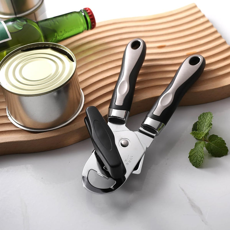 2025 Upgrade 3-in-1 Manual Can Opener with Bottle Opener & Milk Powder Opener, Effortless Operation, Soft Grip Handles, Easy to Turn, Heavy Duty Can Openers for Seniors - Remove Lid with Magnet, Black
