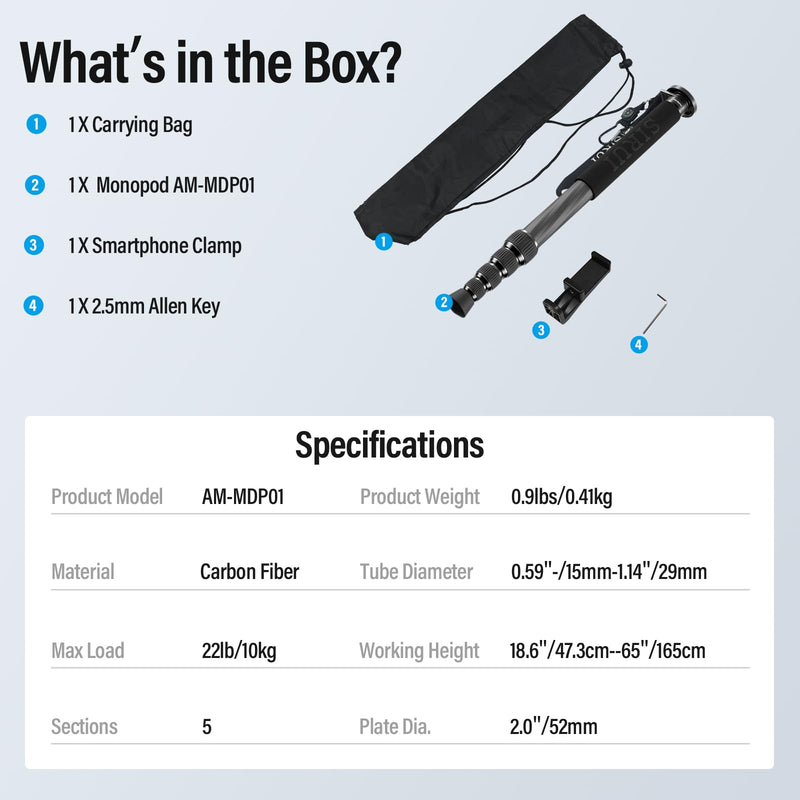 SIRUI Carbon Fiber Monopod for cameras, 65" Compact Lightweight Travel Monopod, 6 Sections, Load up 15kg, included Phone Holder (AM-MDP01) AM-MDP01