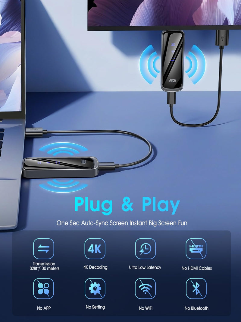 2026 Upgraded Futureagle Wireless HDMI Transmitter and Receiver 328FT/100M, Plug & Play Portable 5G+2.4G Remote Control Extenders for Video and Audio to Monitor from PC/Projector Gunmetal