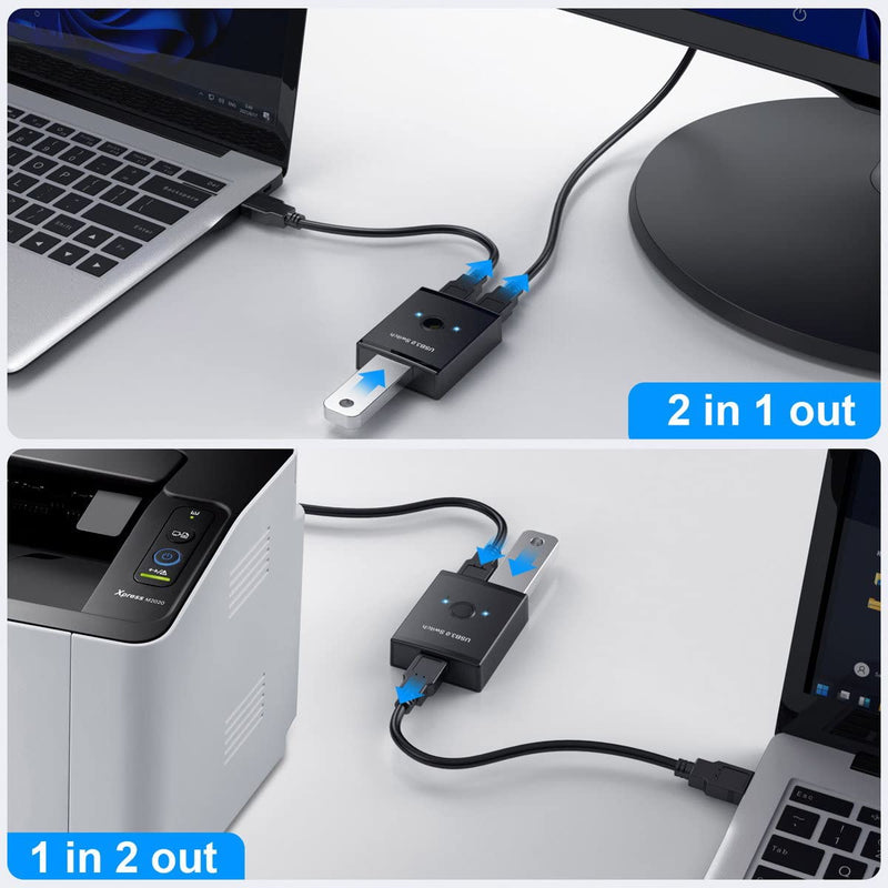 Cablecc KVM USB 3.0 Bidirectional Switch Selector 2 to 1 PCs Sharing or 1 to 2 Hub for Keyboard Mouse Scanner Printer