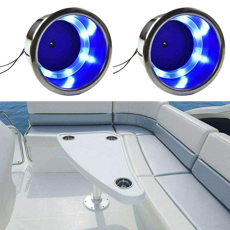 2PCS Boat Cup Holder, Stainless Steel Boat Cup Holder Insert, Blue Led Cup Holder Lights for Boat with Drain, 12V Waterproof Polished Drink Holder, Yeti Cup Holder for Marine, Boat, RV, Camper Blue*2