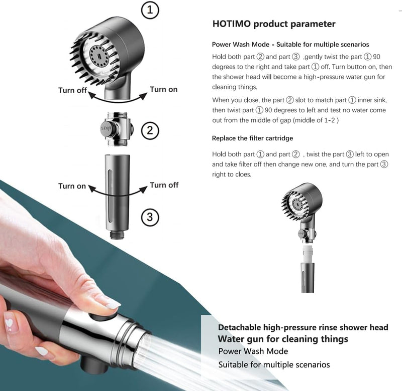 Shower Drops Head Filtered Showerhead With Five Filters,Filtered Shower Head With Handheld,High Pressure Turbo Showerhead,Reusable,Adjustable Settings With Hose 5-piece set