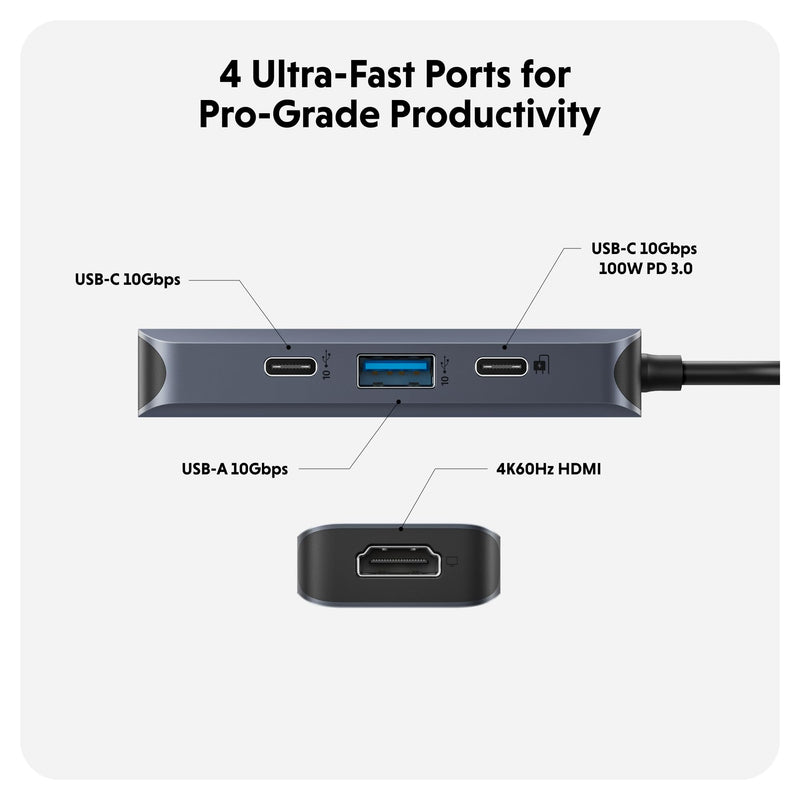 HyperDrive Next 4 Port USB C Hub for Mac, PC, Chromebook with 4K60Hz HDMI, 2 USB-A, USB C Hub 10Gbps, USB-C 10Gbps 100W Power Delivery Ports