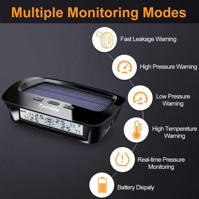 Tymate RV Tire Pressure Monitoring System - M12-3 Tire Pressure Monitor System (0-87 PSI) with Solar Charge, 5 Alarm Modes, Auto Sleep Mode, LCD Display, RV TPMS with 4 Sensors, Easy to Install 4-Sensors