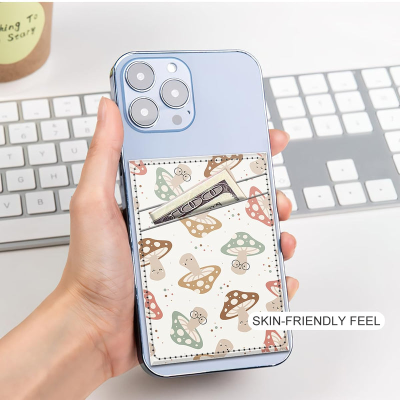 Phone Card Holder, Dual Pocket Leather Phone Wallet Adhesive Stick On, Cute Card Holder, Credit Card Holder for Phone Case Compatible with Most Phone （Boho Mushroom） Boho Mushroom