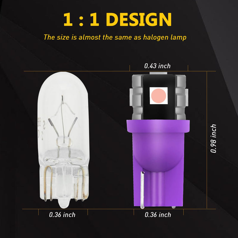 PHINLION 194 LED Light Bulb Purple 168 2825 W5W T10 Wedge 5-SMD 3030 Chipsets LED Replacement Bulbs for Car Interior Dome Map Door Courtesy Parking License Plate Lights, Pack of 10
