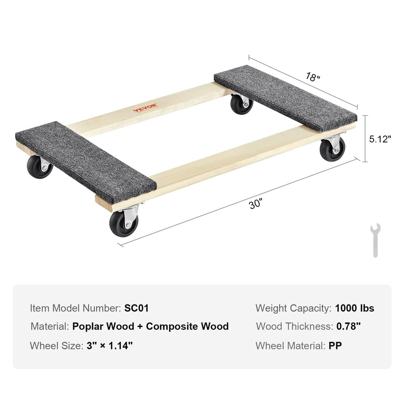 VEVOR Hardwood Furniture Moving Dolly, 30 in. x 18 in. 4 x 3 PP Swivel Casters, Heavy Duty Wooden Mover Dollies, Moving Cart with Wheels for Heavy Furniture, 1000 lbs. Capacity, 1 Pack 30in x 18in-1 Pack
