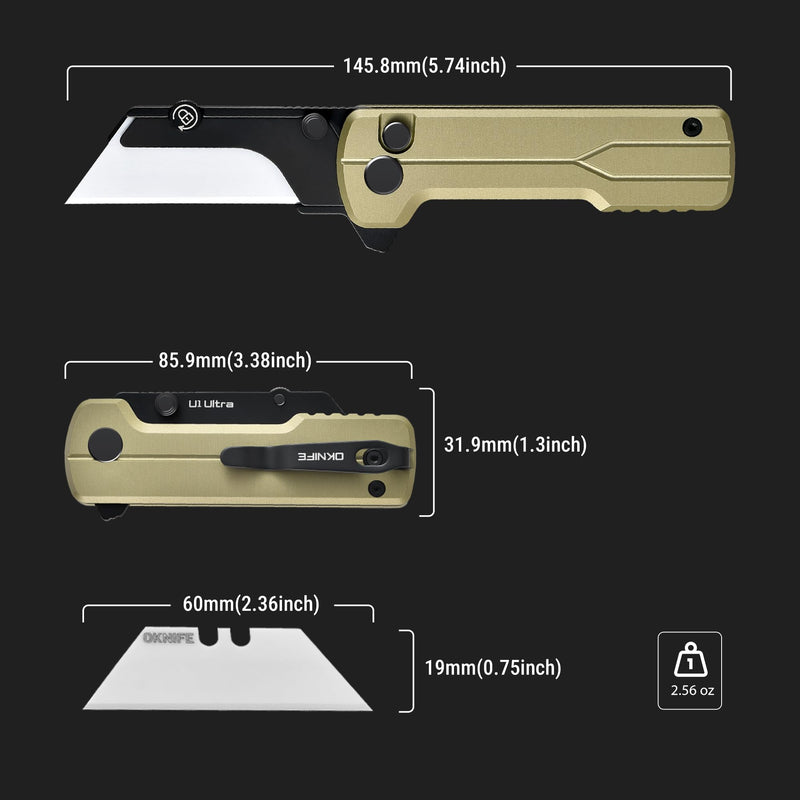 OKNIFE U1 Ultra Pocket Folding Utility Knife with Ceramic Blade, Lightweight O-Aluminum Handle Box Cutter with Clip, Button Lock Pocket Knife for Men Women (Olive Green) Olive Green