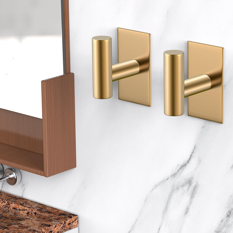 VAEHOLD Wall Towel Hooks, Heavy Duty Sticky Holder Waterproof Towel Hooks for Hanging Coat, Clothes, Closet Hook Wall Mount for Kitchen (Gold, 4 Pack) Gold