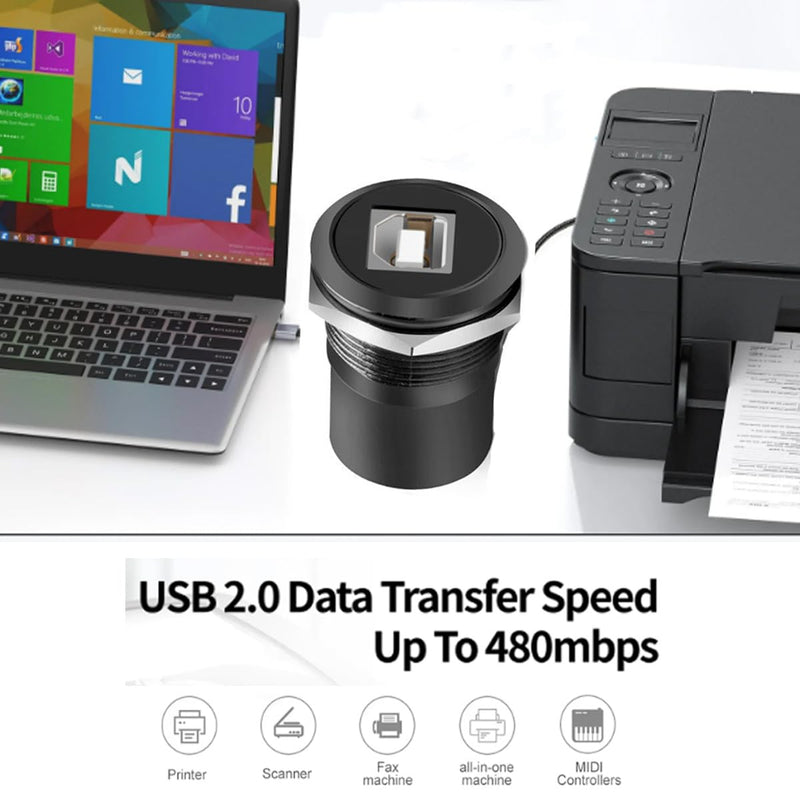 PENGLIN 2PCS USB B to A Panel Mount Connector, USB2.0 Type-B Data Socket | Up to 480Mbps Data Transfer,Metal Shielding Block,Zinc Alloy Housing, Perfect for Printer/Scanner/Fax Machine Black 2PCS(USB-B to A)