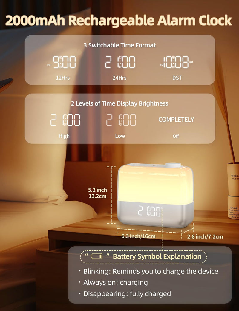 Sunrise Digital Alarm Clock for Bedroom: Wake-up Light, RGB Ambient Night Light, 9-Mins Snooze, 6 Natural Sounds, 7 Volume, Rechargeable Battery, Dual Loud Alarms for Heavy Sleepers (Silver)