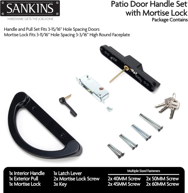 Sliding Glass Door Handle with Lock, Replacement Patio Door Locks, Sliding Glass Door Lock Patio Door Handle with Key Cylinder, Fits Hole Pitch Doors with 3-15/16 Inch Hole Pitch, Black