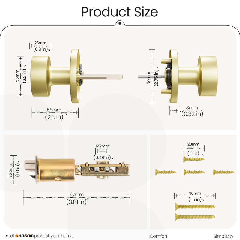 HOSOM Gold Door Knob, Privacy Door Knob, Bathroom Bedroom Door Knobs with Lock Exterior Interior Satin Brass Door Locks Heavy Duty Door Handle Keyless Doorknob with Round Ball,1 Pack