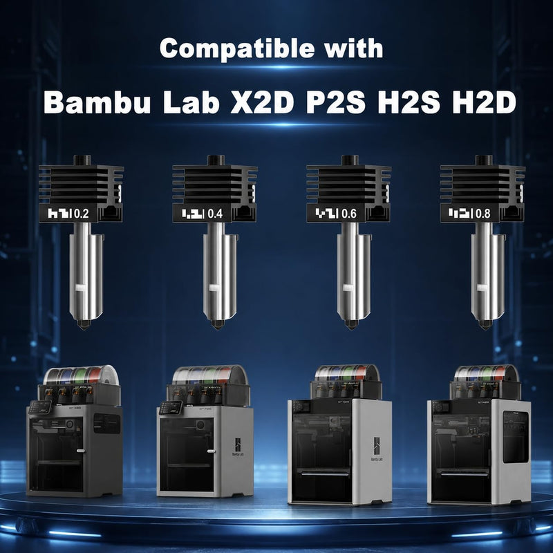 4PCS 0.2/0.4/0.6/0.8mm Hotend Compatible with Bambu Lab X2D/P2S/H2S/H2D/A1/A1 Mini – Quick Swap Extruder Print Head with 4 Silicone Cover Socks