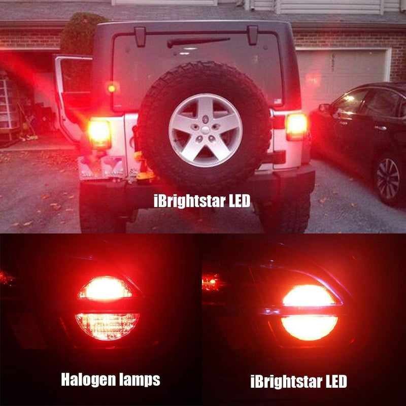 iBrightstar 9-30V Flashing Strobe Blinking Brake Lights 7440 7443 T20 LED Bulbs with Projector Replacement for Tail Brake Stop Lights, Brilliant Red