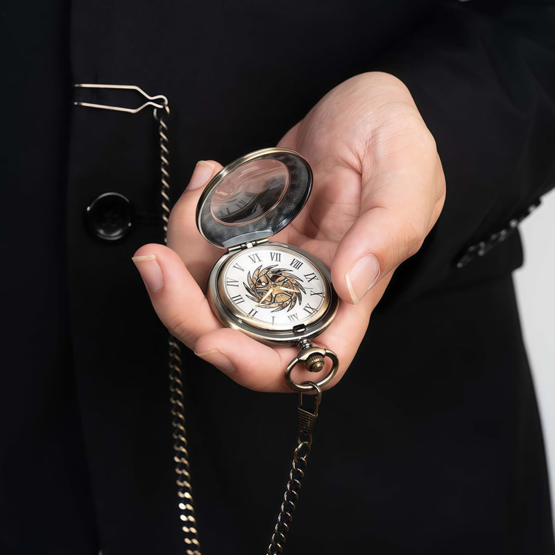 Mechanical Pocket Watch, for Men Women Special Magnifier Half Hunter Engraved Case Roman Numerals with Chain Ba. Sun-God-Bird, Bronze Black
