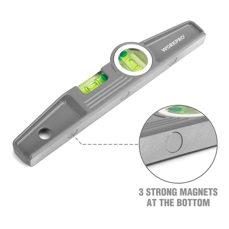 WORKPRO Torpedo Level, 3-Piece Spirit Level Set, 9"(Magnetic), 16"(Non-magnetic), 24"(Non-magnetic), Bubbles Measuring, Clear