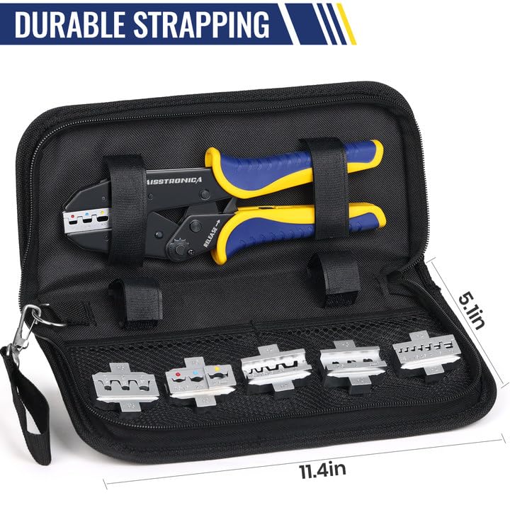 haisstronica 6 in 1 Crimping Tool Kit, Professional Ratchet Wire Crimper with 6 PCS Interchangeable Dies for Heat Shrink, Non-Insulated,Ferrule,Open Barrel,Insulated Connectors, Men Tool Gifts
