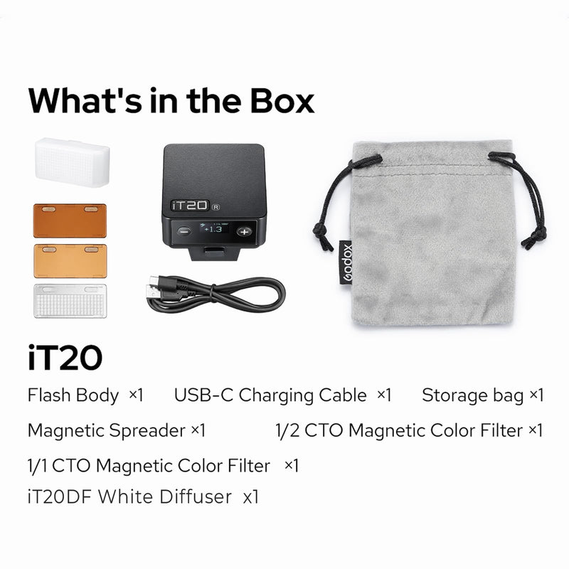 Godox iT20R Mini TTL Flash with iT20DF Diffuser for Ricoh GR III Series | Compatible with Ricoh GR III, GR IIIx and HDF Models, 700+ Full-Power Flashes, 1.5s Recycle Time, USB-C Charging and Filters