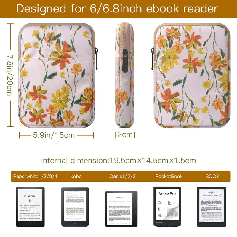 Ereader for Sleeve Case Bag for 6-7 inch Ereader Tablet Protective Cover Pouch (Beige Flower) Beige Flower