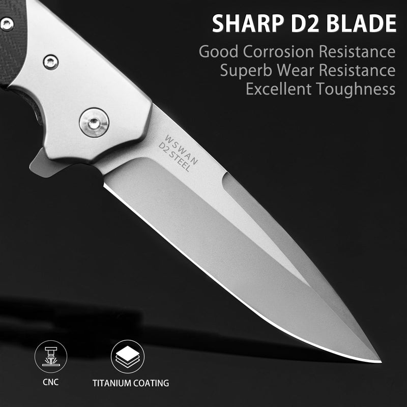 NedFoss Swan Pocket Knife for Men, 3.6" D2 Steel Hunting Knife, G10 Handle | 4.2oz, Liner Lock, Brass Bearing Pivot, Flipper, Large Folding Knife with Clip,Sharp Camping Survival Knives for Mens Gift Titanium