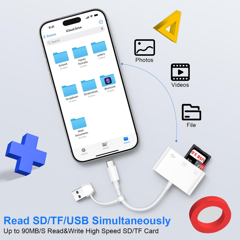 SD Card Reader for Samsung S26 Ultra 5in1 USB A&USB C to Memory Card Reader | Dual Port Micro SD Card Reader with USB Camera Adapter for Samsung S26 S25 iPhone 17 16 Pro Max iPad Digital Camera Android