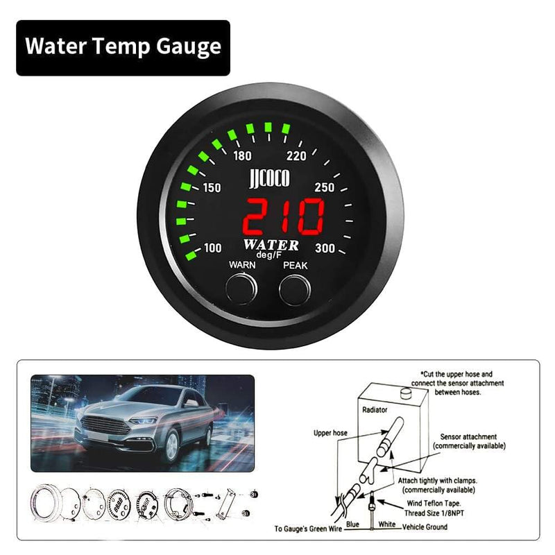 Universal 52mm Water Temperature Gauge with Alarm and 1/8 Npt Sensor Car Digital Meter Red Display Green Ambient Light Temp 100-300F(-17~187C) Green Water Temperature Gauge