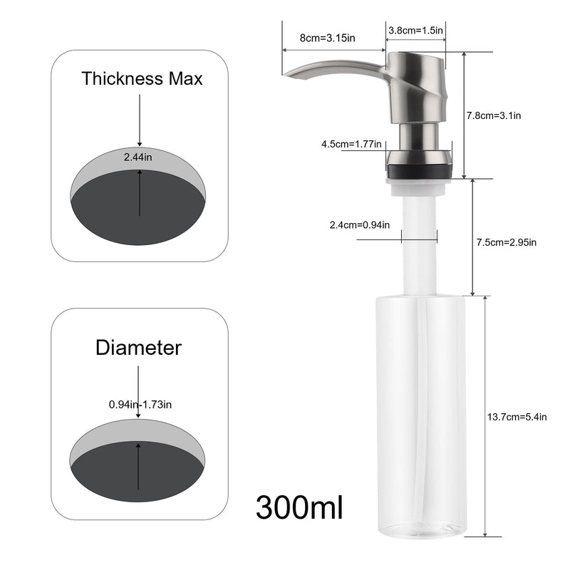 SAMODRA Kitchen Sink Soap Dispenser,Lotion Dispenser,ABS Dispenser Built-in Pump Brushed Nickel Head with 11 oz PET Bottle, Refill from Top
